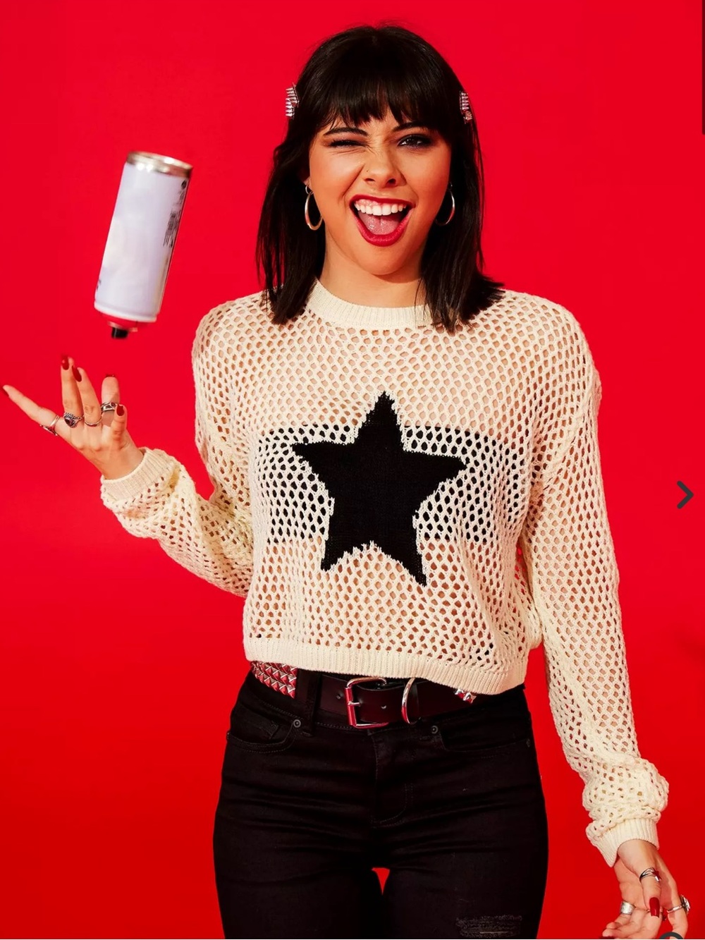 Cream Open-Knit Star Sweater with Black Star Accent